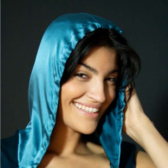 100% Silk Charmuese Hoodie dress two tone Teal & Blue Custom Designed - Picture 3 of 4